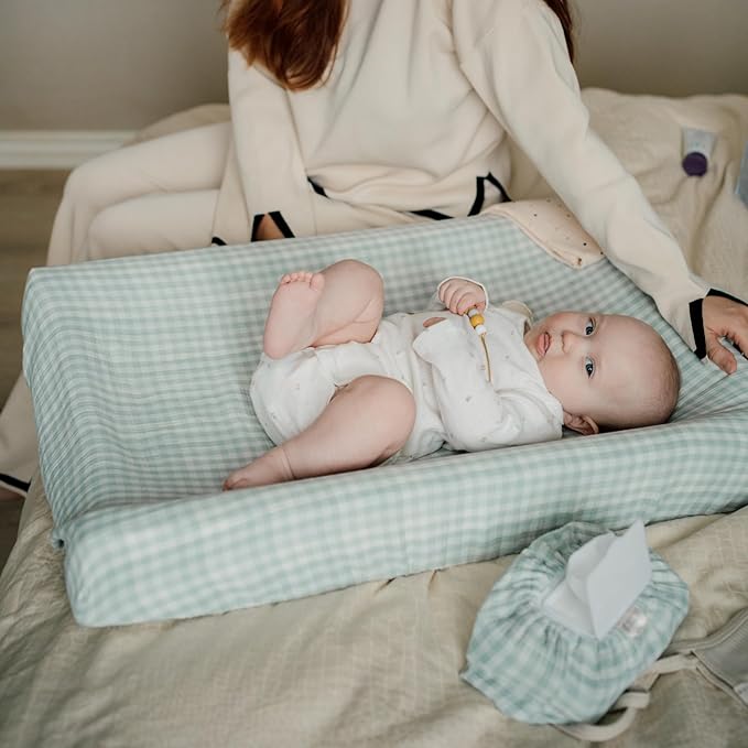 TISU Gingham Diaper Changing Pad Cover, 16 x 32 inches, Soft Muslin Cotton, Elastic Band, Check Pattern (Light Mint Gingham)