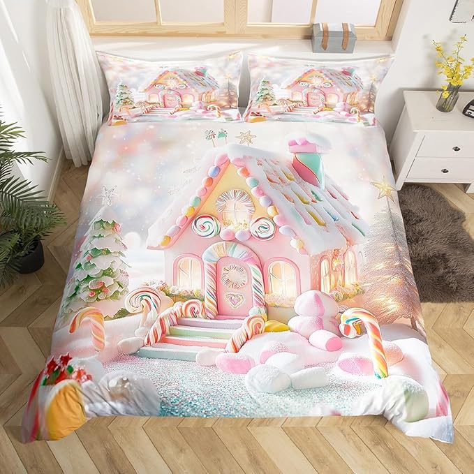 Manfei Christmas Kids Duvet Cover Set Queen Size, Cute Candy Cabin Xmas Bedding Set for Boys Girls Room Decor, New Year Theme Comforter Cover, Lightweight Bedspread Cover, 2 Pillowcases, No Comforter