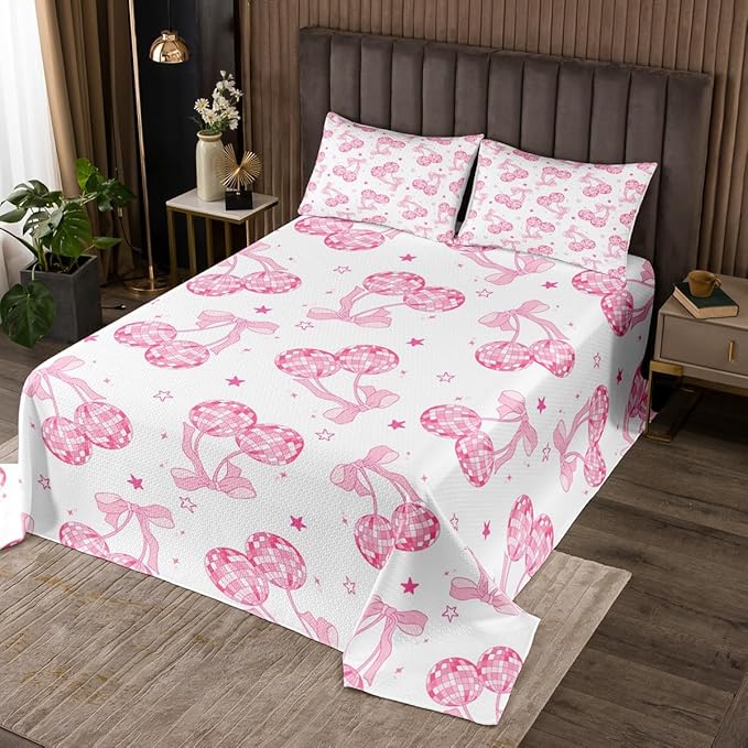 Pink Bowknot Princess Bedspread King Size,Disco Crystal Ball Western Cowgirl Coverlet Set,Girls Women Room Decor,Stars Bow Tie Sweet Romantic Quilted Coverlet,Dreamy Bedding Quilt,2 Pillowcases