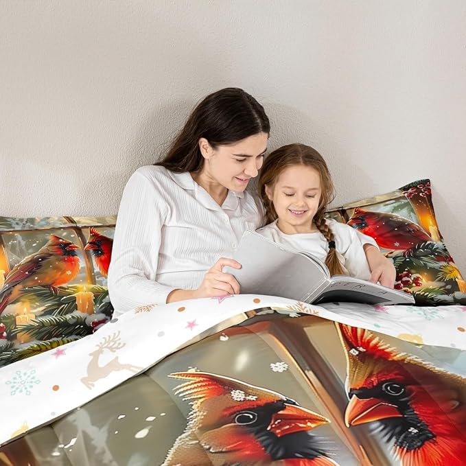 Feelyou Merry Christmas Kids Comforter Set Twin Size Cardinal Bedding Set Winter Bird Duvet Quilt for Kids Boys Girls Bedroom Red Berries Decor Microfiber Ultra Soft Breathable