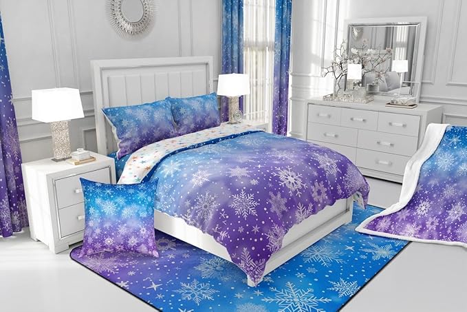 Feelyou Christmas Bedding Set Soft for Boys Girls, Winter Snowflake Comforter Set Queen Size Purple Blue Gradient Duvet Quilt Microfiber Bedroom Decor 3 Pcs with 2 Pillow Cases