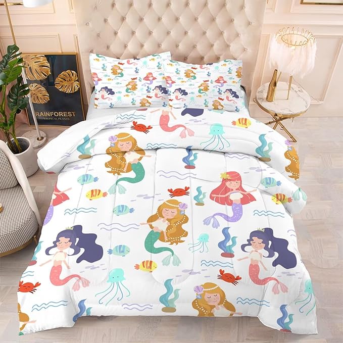 kxry Little Mermaid Princess Comforter Set Twin Size Fairy Tale Sea Shell Grass Bedding Sets for Girls Teens Kids Soft Microfiber Lightweight Comforter Set with 1 Comforter + 1 Pillow Case