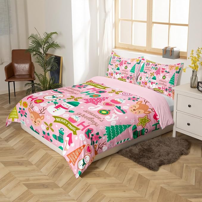Feelyou Kids Pink Merry Christmas Bedding Set Toddler Merry Christmas Tree and Snowman Duvet Cover for Bedroom Decor Xmas Comforter Cover Set Snowflake Holiday Bedspread Cover with 1 Pillow Case