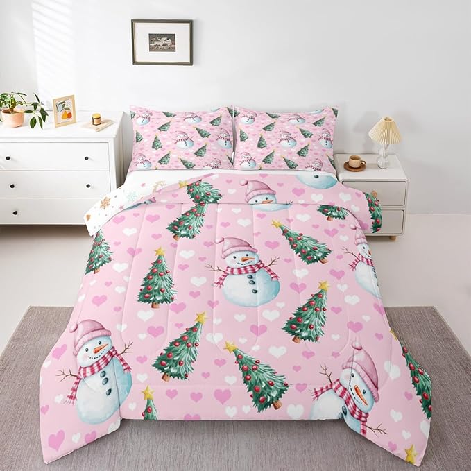 Feelyou Merry Christmas Comforter Set All Season Cute Snowman Bedding Set with 1 Pillow Cases Christmas Tree Microfiber Kids Toddler Bedclothes Love Hearts Duvet Quilt Breathable Soft Lightweight