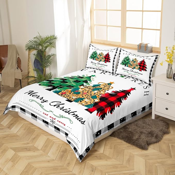 Manfei Christmas Tree Duvet Cover Set Twin Size, New Year Theme Comforter Cover with 1 Pillowcase, Leopard Plaid Print Xmas Bedding Set 2pcs for Kids Boys Girls Bedroom Decor,No Comforter