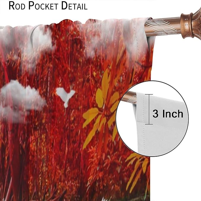 Nature Blackout Curtains, Waterfall Landscape Forest River Crane Fish Floral Pattern Rod Pocket Window Drapes, for Bedroom Living Room 63" W X 72" L