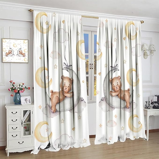 Cartoon Bear Curtains, Cartoon Watercolor Lovely Bear Moon Stars Printed Blackout Window Treatments, Rod Pocket Thermal Insulated Drapes 2 Panel Sets for Kids Bedroom Nursery Classroom, 84"W X 84"L