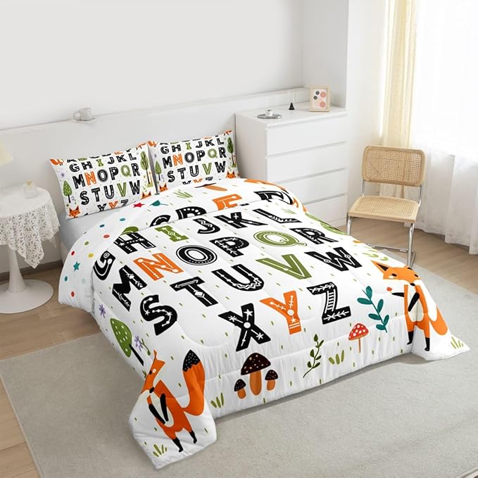 Feelyou Educational Nursery Art Comforter Set King Size Alphabet Kids ABC Learning Bedding Set for Kids Boys Girls Cute Fox Duvet Quilt Woodland Animals Bedroom Decor 3 Pcs with 2 Pillow Cases