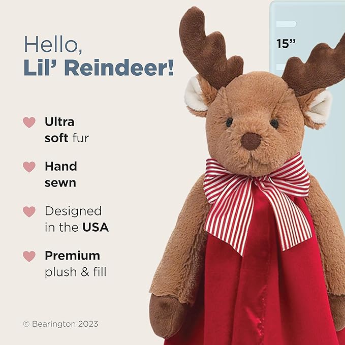 Bearington ReindeerRed Christmas Loveys for Babies - 15" Soft Baby Security Blanket with Plush Reindeer Snuggler Head - Cuddly for Newborns, Nurseries, and Holiday Festive Keepsakes