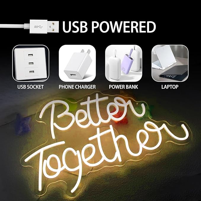 Better Together Neon Sign for Wall Decor Neon Lights for Teen Bedroom Decor Art Light Up Sign LED Neon Signs for All Party Reunion Decoration USB 21.7x13.8 Inch(warm white)