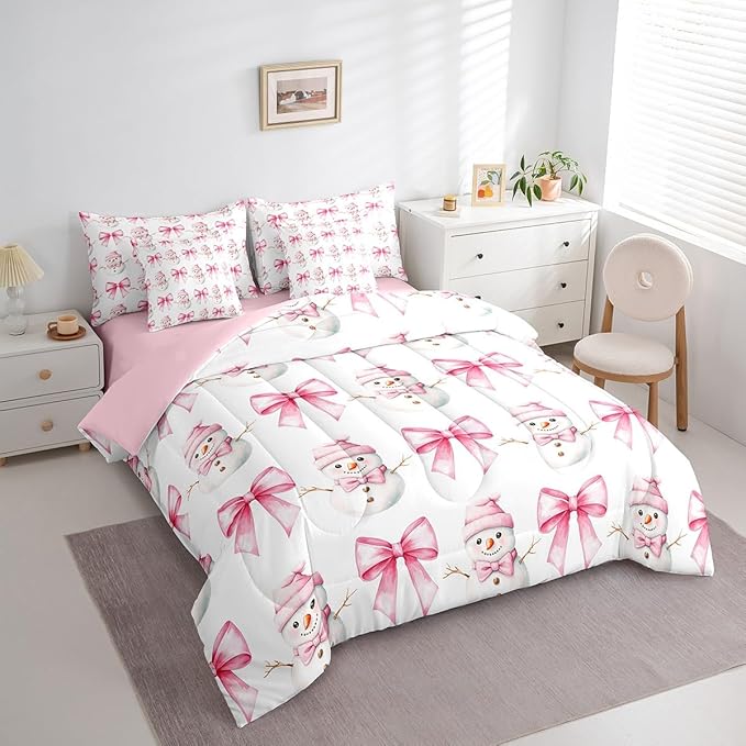 7 Pieces Cartoon Snowman Kids Comforter Full,Pink Bowknot Bow Tie Princess Toddler Bedding Set,Merry Christmas Xmas Bow New Year（Comforter+Fitted+Flat Sheet+2 Pillowcases+2 Throw Pillow Covers）