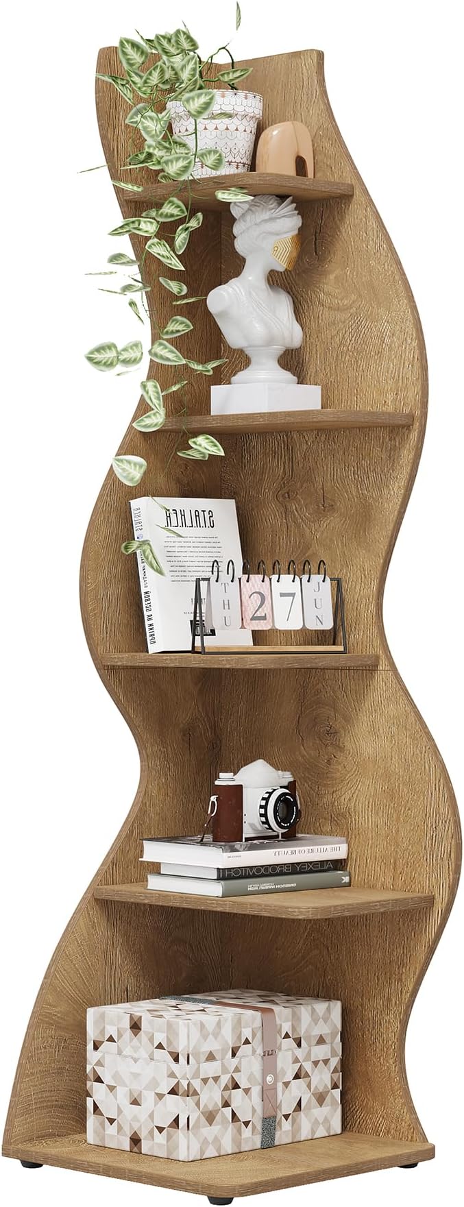 Tribesigns Corner Shelf, Modern 5-Tier Wall Corner Bookshelf, Stylish Corner Small Bookcase Storage Rack Plant Stand with Unique Shape for Living Room, Home Office (Light Brown, 1PC)