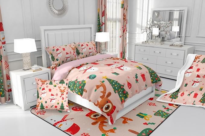 Feelyou Christmas Comforter Set King Size Snowman Bedding Set for Kids Boys Girls Deer Xmas Tree Duvet Quilt New Year Gift Bedroom Decor Snowflake Microfiber 3 Pcs with 2 Pillow Cases