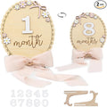 Baby Monthly Milestone Wooden Sign with Numbers and Stand – Natural Wood Milestone Board for Newborn Monthly Growth Photos – Cute 3D Flowers Photo Prop for Baby Milestone Memories (Light Pink Ribbon)