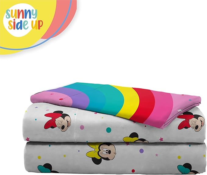 Sunny Side Up Disney Minnie Mouse Twin Sheet Set - 3 Piece Kids Bedding Set Includes Pillow Cover - Super Soft Rainbow Dots Microfiber Sheets