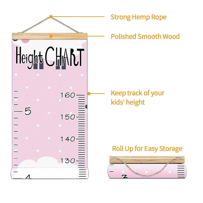 Kids Growth Chart Ruler for Wall Wood Frame Height Measure Chart 13.4x56 in Linen Hanging Height Growth Chart Pink Dot Sheep Kids Room Decor