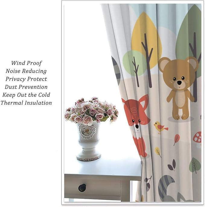 Kids Cartoon Forest Animal Curtains, Cute Woodland Animal Window Treatments for Bedroom Wildlife Fox Bear Deer Bunny Bird Blackout Window Drapes for Girls Boys Nursery Toddler Playroom 42x63in