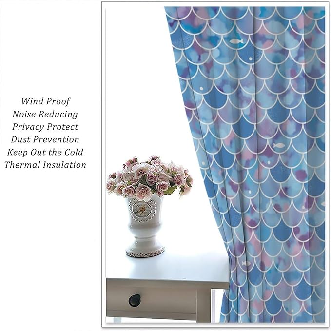 Mermaid Blackout Curtains, Kids Cartoon Blue and Pink Ocean Mermaid Scale Pattern Decoration for Girls Bedroom Nursery Curtains 42x54 Inch