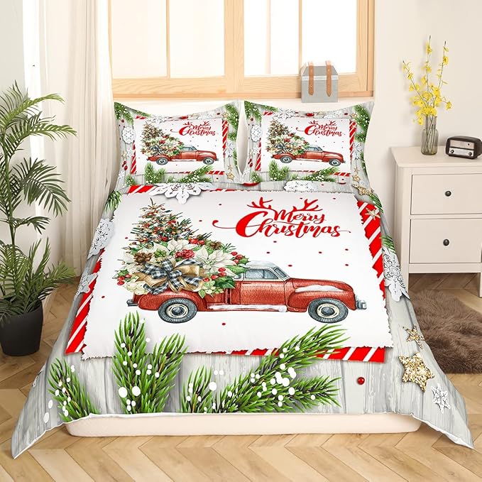 Christmas Kids Bedding Set Christmas Tree Racing Car Duvet Cover for Boys Children Teens Bedroom Decor Snowflake Xmas Theme Comforter Cover Set New Year Bedspread Cover Toddler Size With 1 Pillow Case