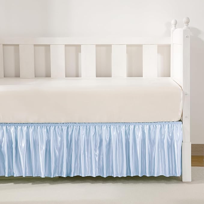 Baby Blue Satin Crib Bed Skirt, 52" x 28" with 14" Drop Silky Soft Baby Crib Skirt for Baby Girls or Boys, Fit for Standard Crib & Toddler Bedding