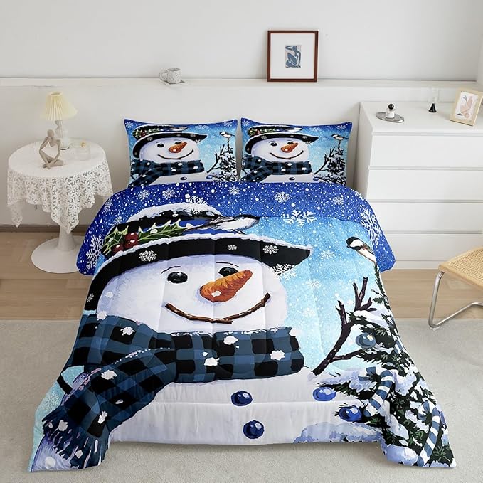 Feelyou Kids Christmas Theme Decorations Bedding Set Xmas Snowman Comforter Set for Boys Girls Snowflake Kawaii Cute Gradient Blue Collection Queen Size