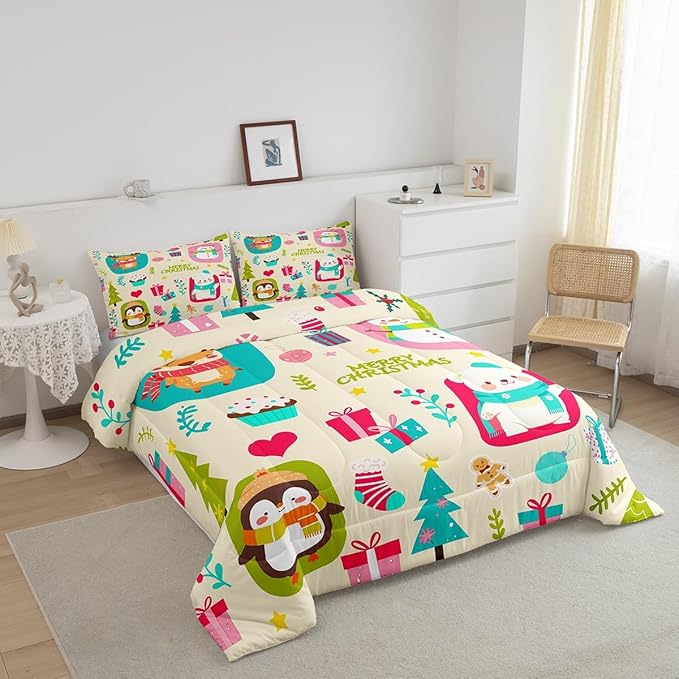 Erosebridal Merry Xmas Comforter Set Queen Size Christmas Tree Quilt for Kids Boys Girls Cartoon Penguin Bear Bedding Set Cute Deer Elk Duvet Insert with 2 Pillow Cases