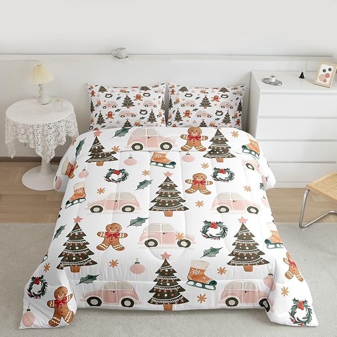 Feelyou Xmas Tree Car Comforter Set All Season Gingerbread Man Bedding Set with 1 Pillow Cases Garland Microfiber Kids Twin Bedclothes Bedroom Decor Duvet Quilt Breathable Soft