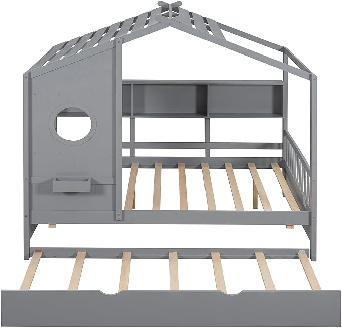 Merax Wood Full House Daybed with Trundle & Storage Shelves,Day Bed for Kids Boys Girls No Box Spring Needed Gray