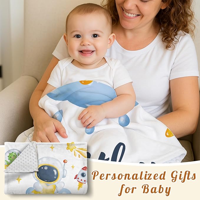 Personalized Baby Blanket with Name, Custom Space Astronaut Theme Blanket for Kids, Soft Flannel Bed Throw Blanket Swaddle for Newborn, Customizable Baby Gift & Nursery Blanket(60" x80)