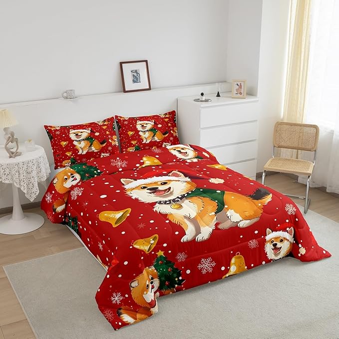 Cartoon Dog Comforter Set Queen Size,Bell Christmas Tree Star Snowflake Bedding Set for Kids Boys Girls Room Decor,Cute Corgi Xmas Theme Duvet Insert 3Pcs,Merry Christmas Red Quilt Set,2 Pillowcases