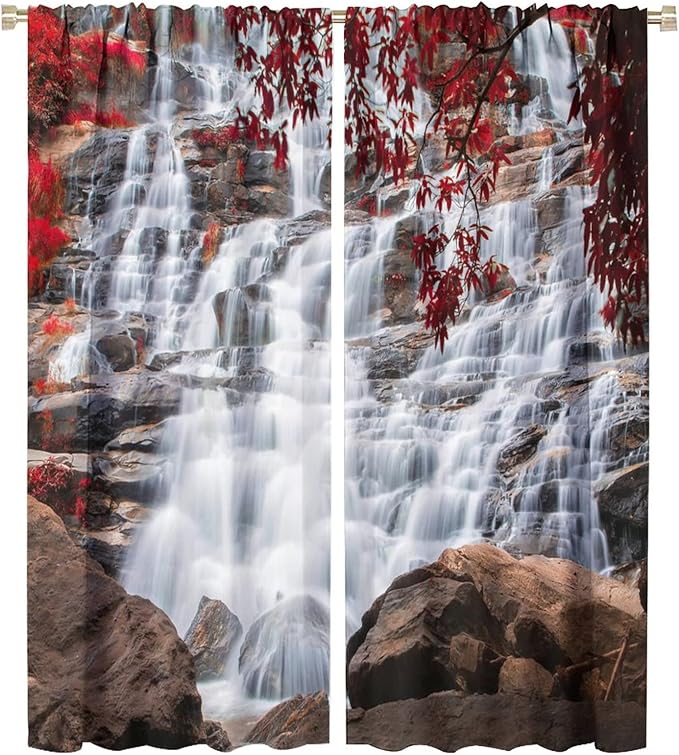 Waterfall Blackout Windows Curtains, Waterfall Red Forest Pattern Nature View Curtains, for Living Room Bedroom 42x54in 2 Panels