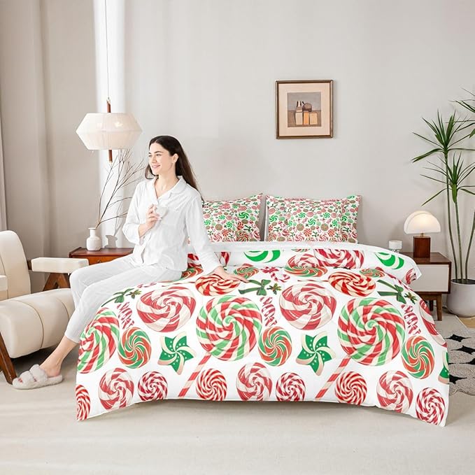 Christmas Candy Comforter Set With Sheets 7 Piece Queen Size Cute Bow Bed in a Bag Kids Boys Girls Red and Green Sweet Bedding Set Reversible Xmas Decor Bedroom Decor Breathable Soft Lightweight