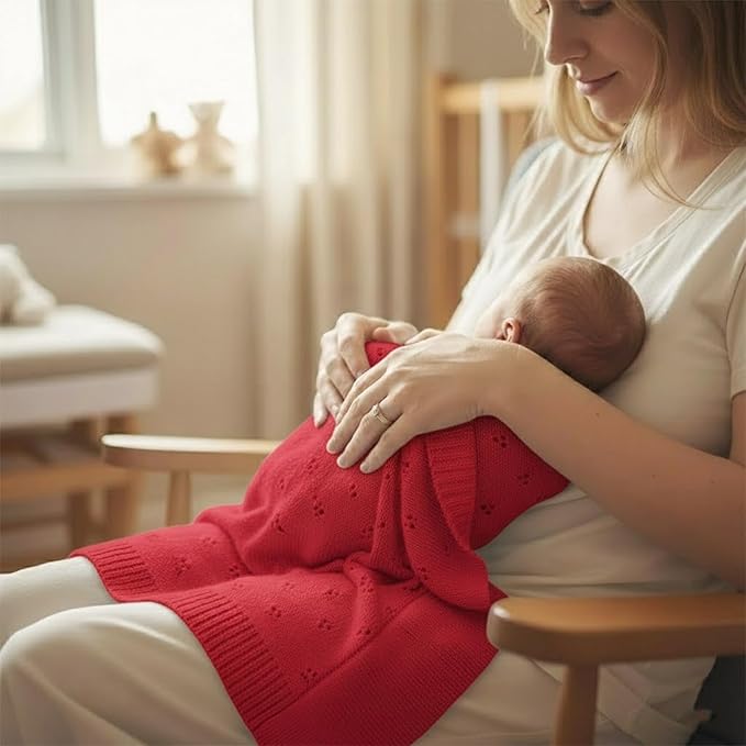 Baby Knit Blanket, 100% Cotton Eyelet Patterns, Soft, Cozy, Lightweight Swaddle for Newborn & Infant Swaddling Beige Neutral, Perfect Baby Shower Ideas Red 30x40