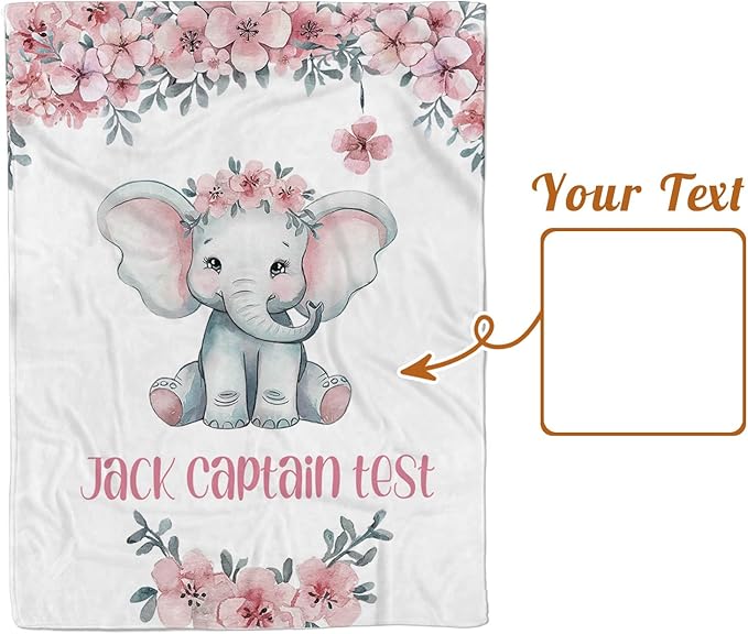 Personalized Baby Blankets for Girls Boys, Custom Elephant Baby Blanket with Name for Kids, Flannel Bed Throw Blanket for Newborn, Customized Baby Gifts for Baby Shower Nursery Blanket(60"x80)