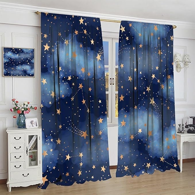Starry Sky Blackout Curtains, Starry Scenery Blue Night Sky Stars Window Drapes for Kids Boys Girls Bedroom Living Room 63" W X 63" L