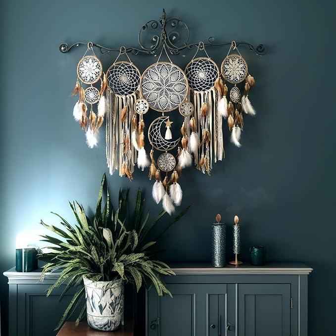 Dream Catcher Wall Decor,Large Boho Dream Catcher with Luxurious Feathers & Beads, Handmade Wall Hanging for Bedroom, Nursery, Living Room, Gift Ready for Girls & Adults (Black)