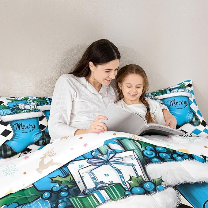 Feelyou Merry Christmas Kids Comforter Set Queen Size Cartoon Shoes Bedding Set Duvet Quilt for Kids Boys Girls Bedroom Winter Decor Microfiber Ultra Soft Breathable