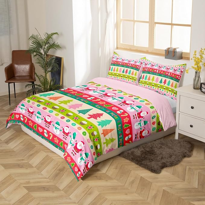 Cartoon Christmas Bedding Set for Kids Boys Girls Santa Claus Snowman Comforter Cover Set Pink Xmas Theme Duvet Cover Bedroom Decor Christmas Tree Bedspread Cover Toddler Size Bedding Collection 2Pcs