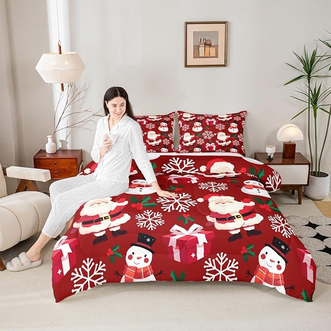 jejeloiu Merry Christmas Comforter Set Queen Size Xmas Santa Claus Bedding Set for Kids Boys Girls Cute Snowman Duvet Quilt Red Bedroom Decor