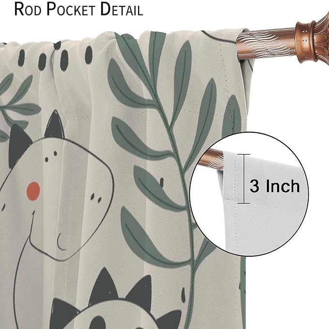 Funny Dinosaur Curtains, Jungle Cute Cartoon Animals Tropical Leaves Plant Beige Green Print Blackout Window Treatments for Kids Boys Girls Bedroom Living Room 55x63in