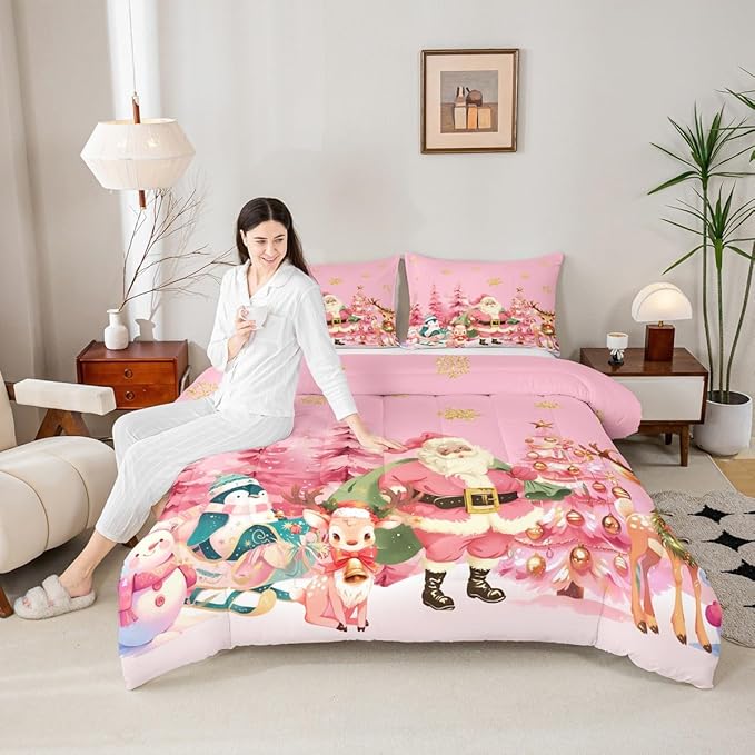 jejeloiu Merry Christmas Comforter Set Toddler Size Santa Claus Bedding Set for Kids Boys Girls Cute Deer Duvet Quilt Pink Bedroom Decor