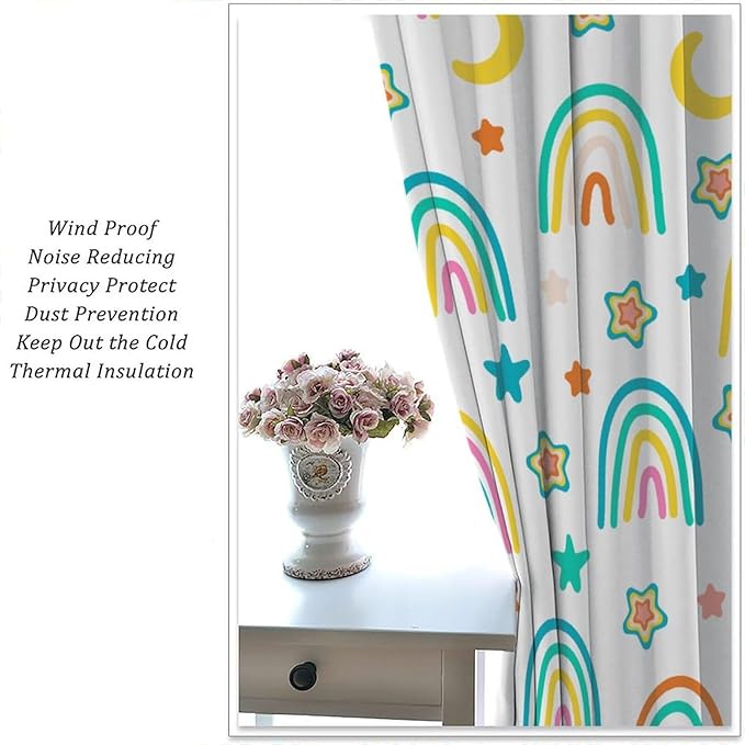 Kids Rainbow Curtains Cartoon Rainbow Abstract Bohemia Floral Lovely Stars Pattern Print Window Drapes for Girl Bedroom Living Room Kitchen Decor,2 Panel Set,42Wx63H Inch Blackout