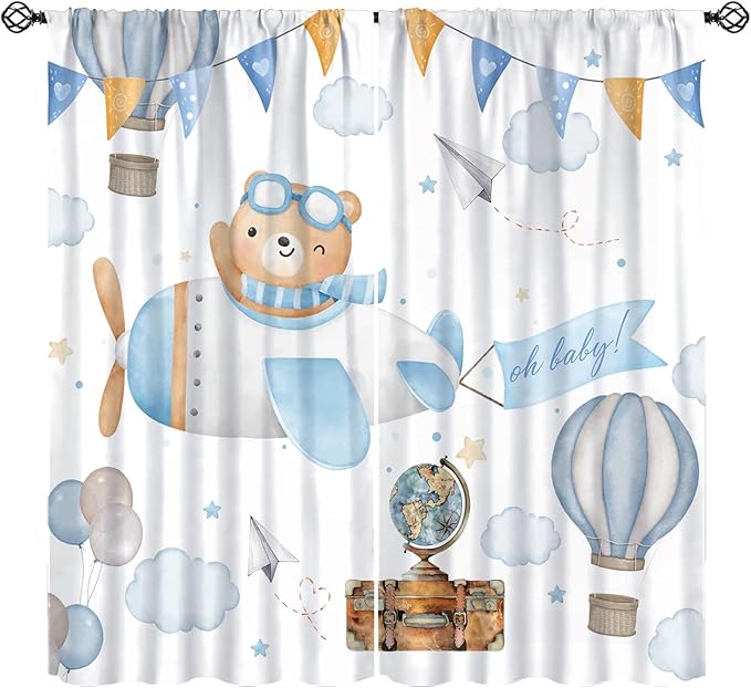 Blue Bear Curtains, Cute Lovely Bear Adventure Airplane Cloud Pastel Blackout Window Treatments, Rod Pocket Thermal Insulated Drapes 2 Panel Sets for Kids Bedroom Nursery Classroom, 72"W X 63"L