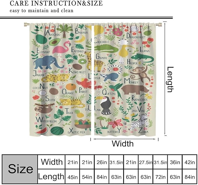 Kid Alphabet Curtains Funny Cartoon Animal Cute Educational Learning Colorful Curtain with Rod Pocket for Bedroom Living Room Decor Drapes Window Treatments 2 Panels Set 63" W X 63" L