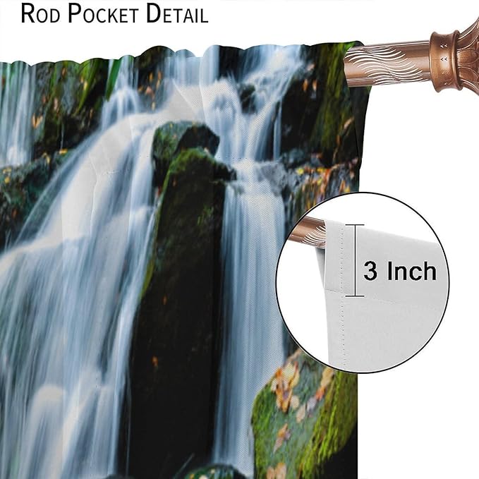 Waterfall Blackout Window Curtains, Forest Nature Landscape Theme Pattern Print Window Drapes, for Living Room Bedroom 52" W X 84" L