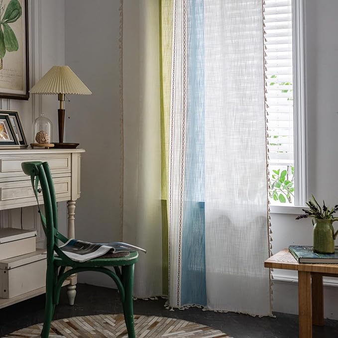 Deeprove Boho Linen Curtains 63 inch for Bedroom Living Room, Semi Blackout American Farmhouse Tassels Window Treatment Bohemian Embroidery Drape Rod Pocket 1 Panel 52" W x 63" L, Blue and Sage Green
