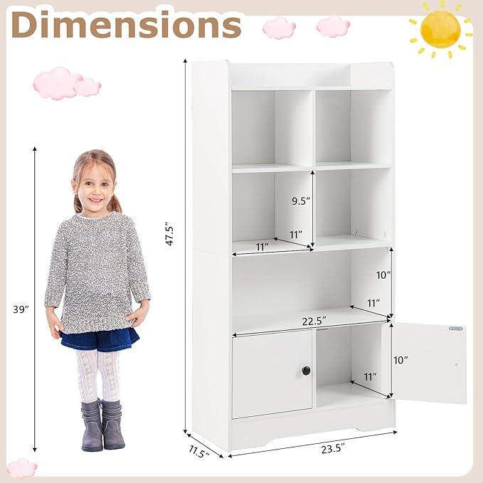 Costzon Kids Toy Storage Cabinet, 47.5" Tall Bookcase w/ 5 Open Compartments & 2 Doors, Multifunctional Display Shelf Home Organizer for Playroom, Nursery, Bedroom, Living Room, Study (White)