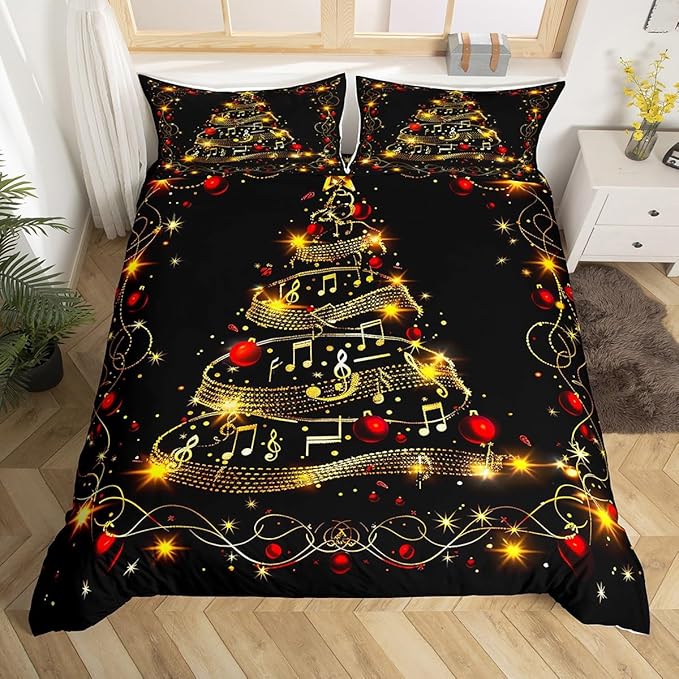 Christmas Tree Duvet Cover Set Full Size, Gold Musical Note Print Bedding Set 3pcs for Kids Boys Girls Bedroom Decor, New Year Theme Xmas Holidays Comforter Cover with 2 Pillowcases,No Comforter