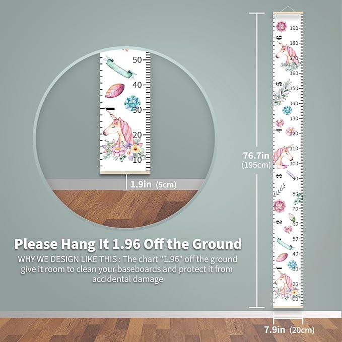 Personalized Growth Chart for Kids, Baby Height Chart with Custom Name, 77"x7.9" Canvas and Beige Wood Height Measuring Rulers for Boys Girls Removable Wall Ruler Hanging for Nursery Decor - Unicorn