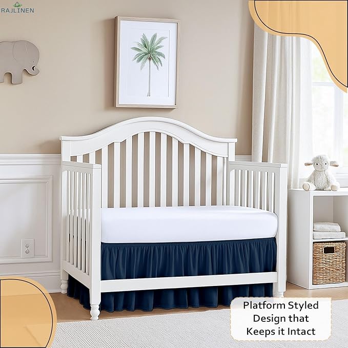 Rajlinen Ruffled Crib Bed Skirt, Microfiber, Dust Ruffle with Split Corners, 14" Drop, Nursery Toddler Bedding for Baby Boys or Girls, Navy Blue